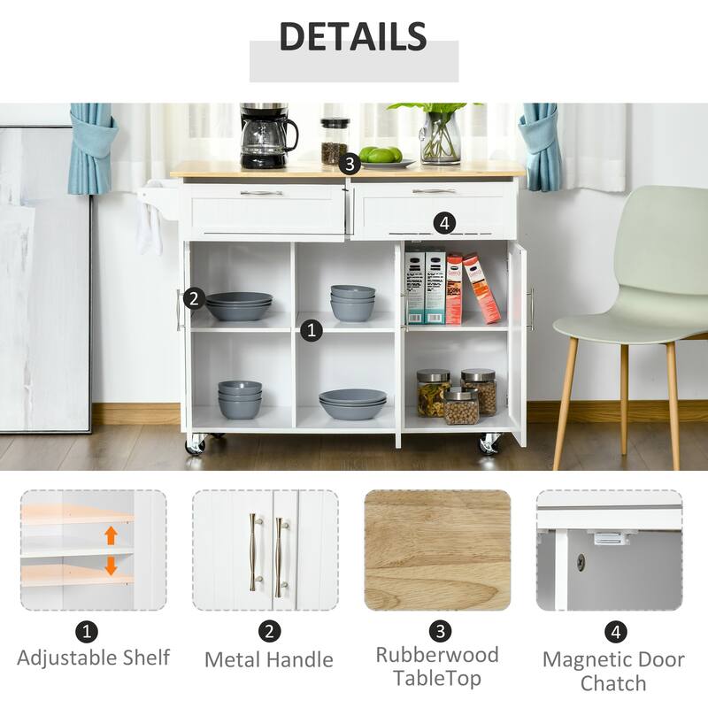 Mobile Kitchen Island On Fixed Wheels with Storage Space, 2 Drawers, 3 Cupboards, Adjustable Shelves and Towel Rack, White