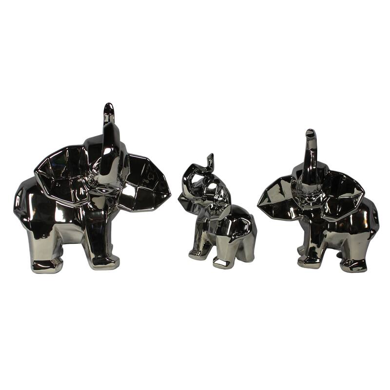 Standing Luck And Wisdom Elephant Trio Collectible Statue Figurine - Silver