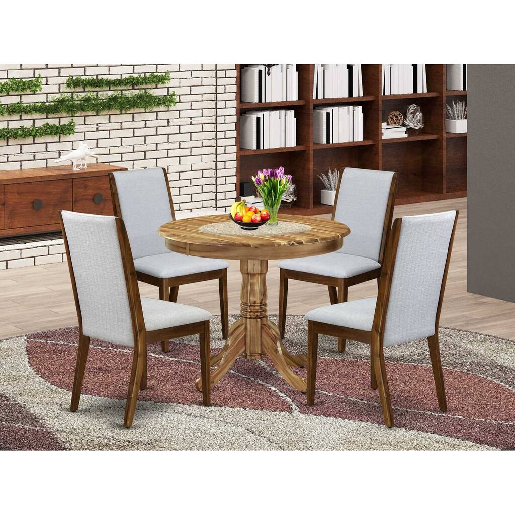 HomeStock 5-Piece Round Natural Oak Finish Solid Wood Top Dining Table with 4 Parson Chair with Lattice Back