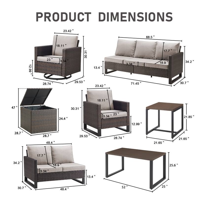 Gymojoy 9 Person Outdoor Courtyard Wicker Family Conversation Set Group With Swivel Chairs And Storage