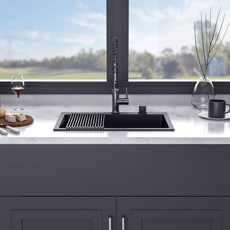 Drop-in Single Bowl Quartz/Granite Composite Kitchen Sink in Matte Black