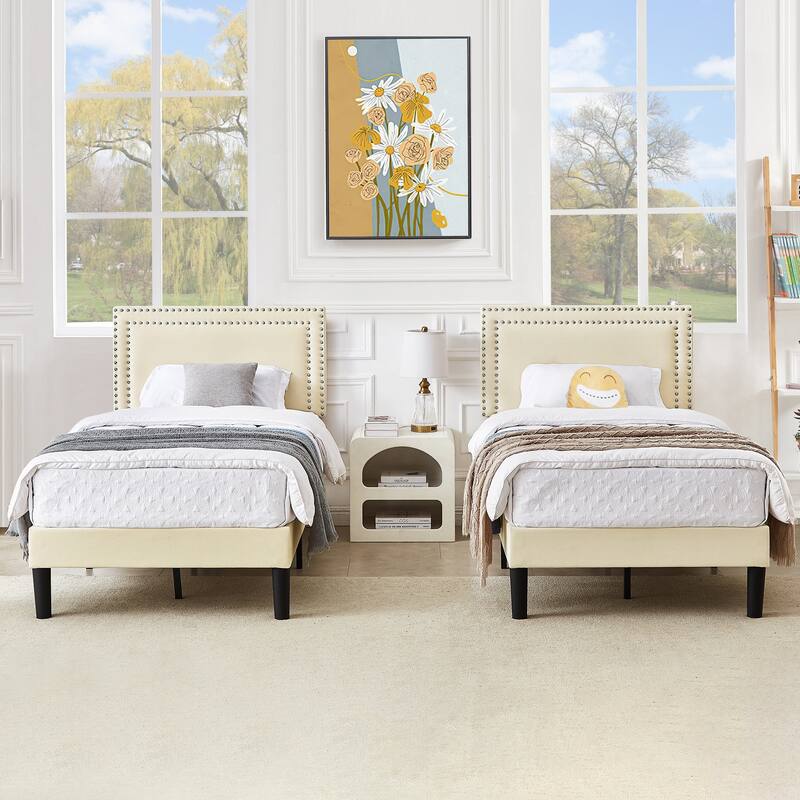 VECELO Upholstered Bed Frames with Height Adjustable Headboard
