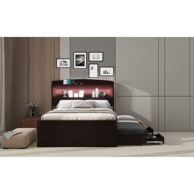 Twin XL Platform Bed with Storage, LED Headboard, Charging Station, Trundle, and Drawers, Dark Brown