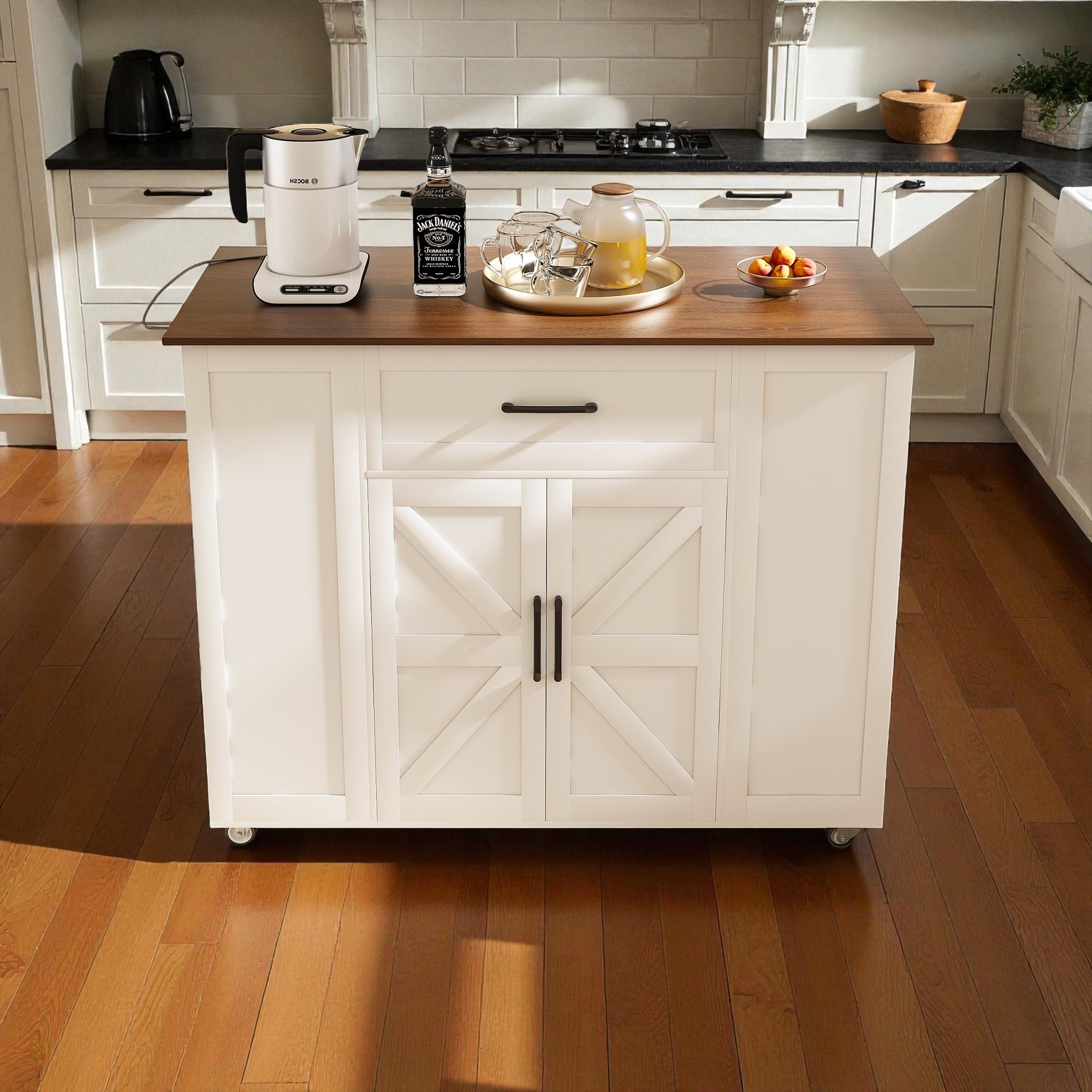 46" Rolling Kitchen Island with Power Outlet, Storage Drawers, Adjustable Shelf & Wood Top for Kitchen Dining Room