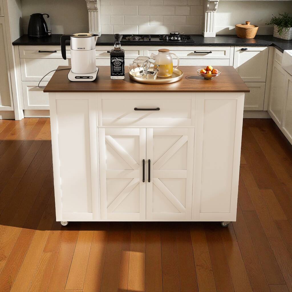 46" Rolling Kitchen Island with Power Outlet, Storage Drawers, Adjustable Shelf & Wood Top for Kitchen Dining Room