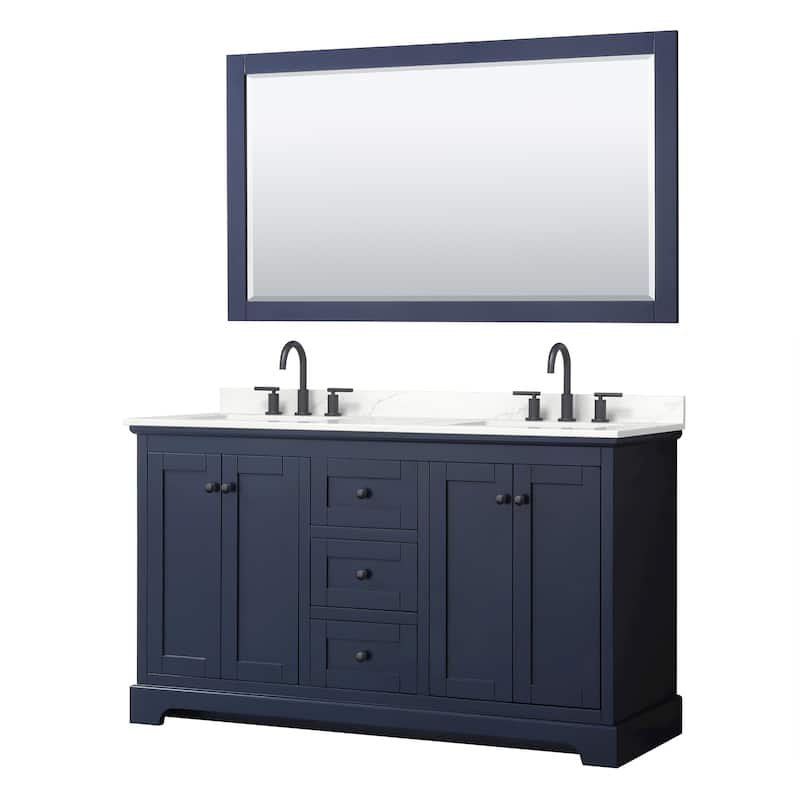 Avery 60-inch Double Vanity, Quartz Top, 58-inch Mirror - Dark Blue, Black Trim, Giotto Quartz Top