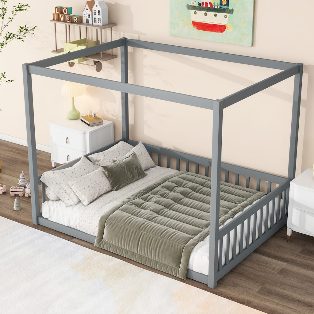 Full Size Canopy Frame Rubber Wood Floor Bed with Fence