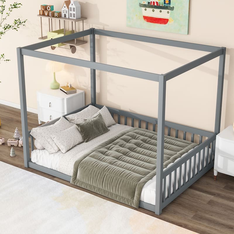 Full Size Canopy Frame Rubber Wood Floor Bed with Fence