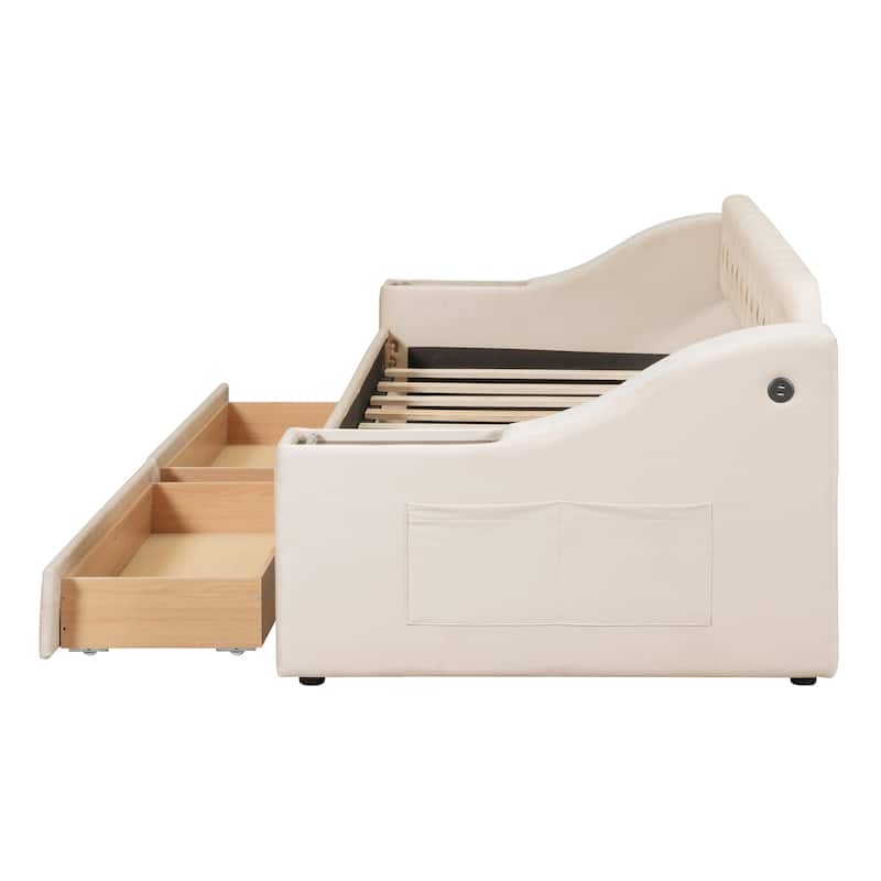 Velvet Upholstered Twin Daybed with Storage Armrests, 2 USB Ports, and Large Pull-Out Drawers, Modern Design