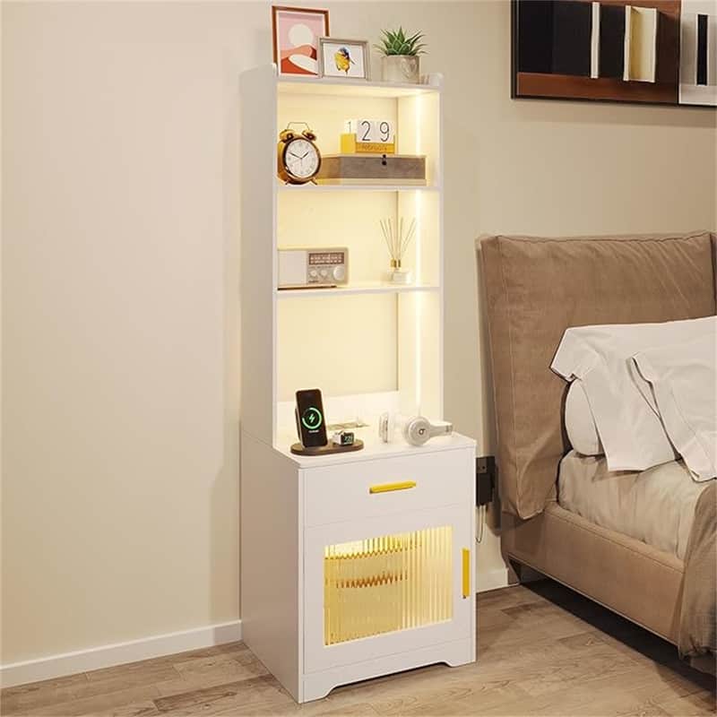Nightstand with Smart LED Night Stand with Bookshelf - White