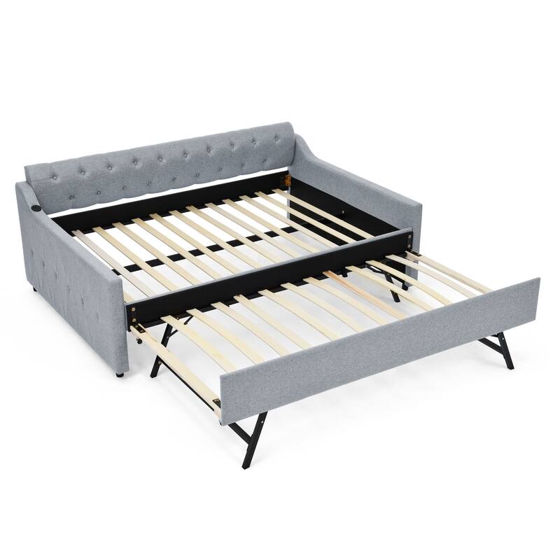 Upholstery Daybed with Erectable Trundle & USB Design