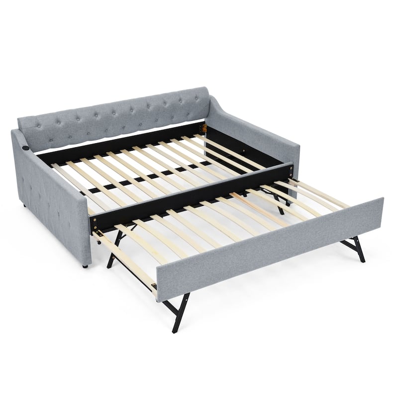 Upholstery Daybed with Twin Size Erectable Trundle and USB Charging Design