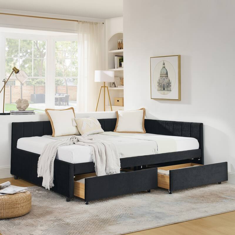 Full Size Velvet Upholstered Tufted Bed Frame w/ 2 Drawers & Comfortable Backrest & Armrests Sofa Bed Frame