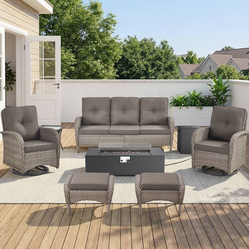 Pocassy Outdoor 7-Piece Sofa Swivel Chair Ottoman with Fire Table - Gray Wicker Gray Cushion - 7-Piece Sofa Swivel Chair Ottoman with Fire Table