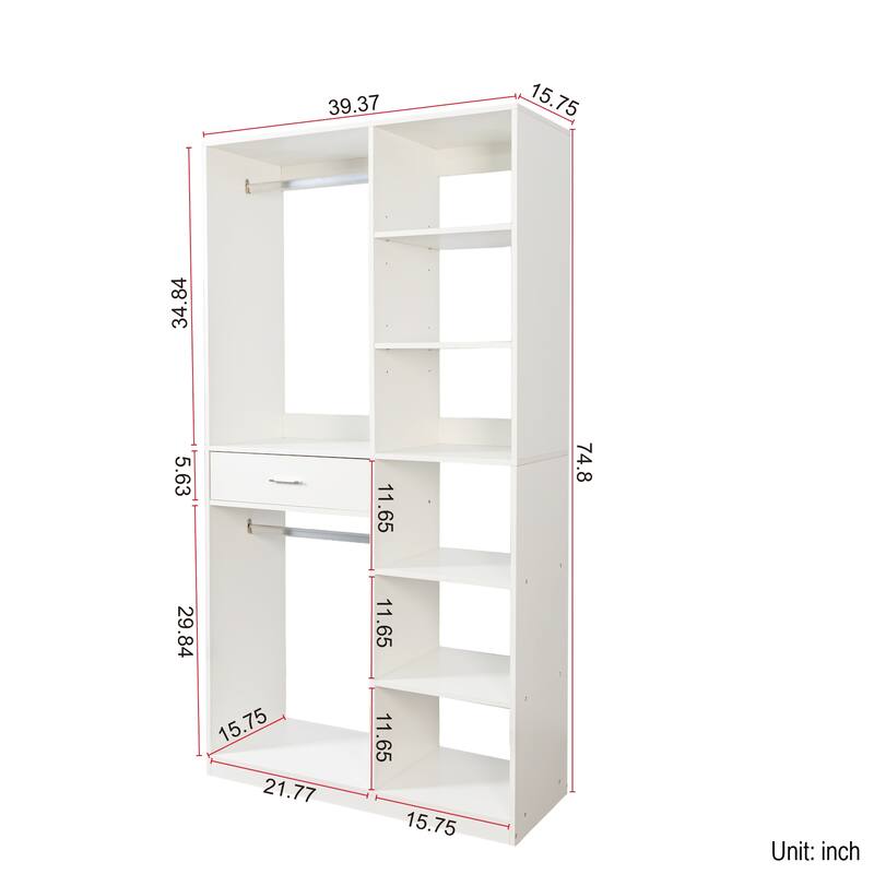 Freestanding Closet System with 6 open Shelves,74.8''Heigh Closet with 1 Wood Drawers,Wood Walk-in Closet with 2 Hanging Rod