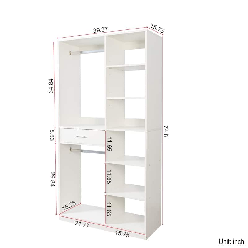 Freestanding Closet Wood Walk-in Closet Open Wardrobe Movable Cabinet with 6 Open Shelves Drawers and 2 Hanging Rod for Bedroom