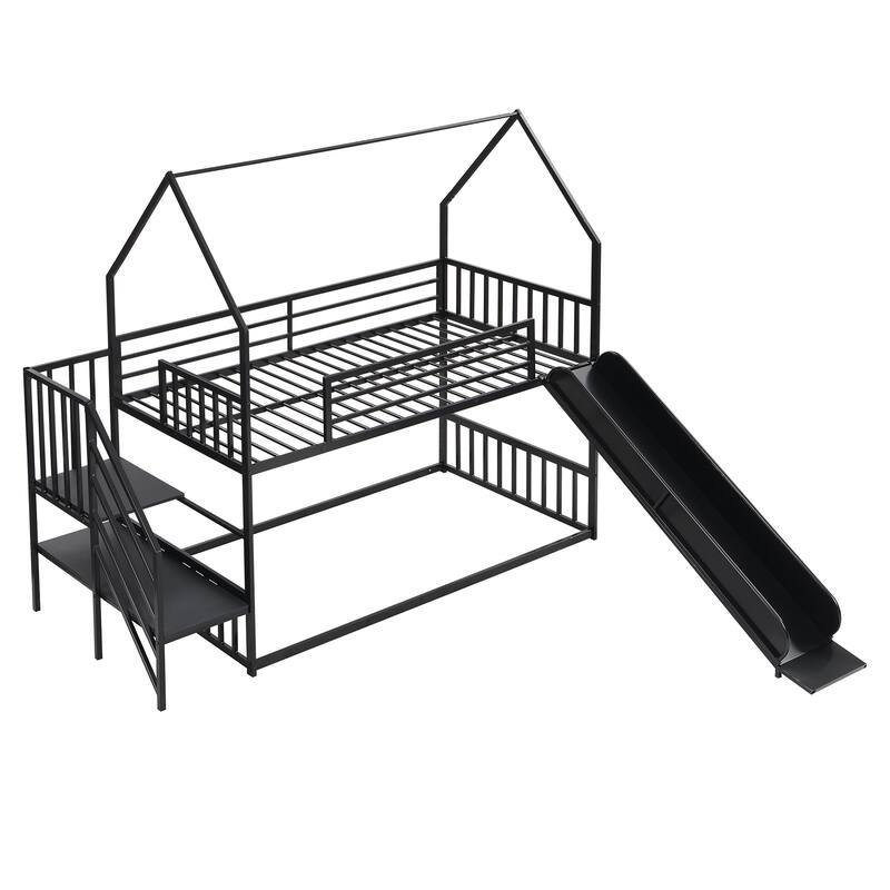 House-Shaped Twin Bunk Bed with Slide, Staircase, and Storage, Black