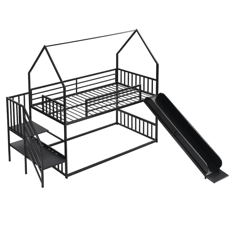 Twin Over Twin-Size Metal Bunk Bed House-Shape-Bed w/Slide, Staircase