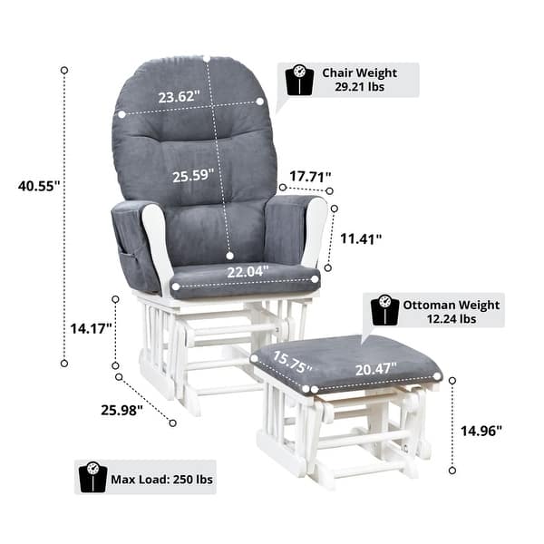 dimension image slide 2 of 4, Ultimate Nursery Comfort - Glider and Ottoman Set with Reclining Cushion Chair, Rocker Chair with Padded Back and Armrests