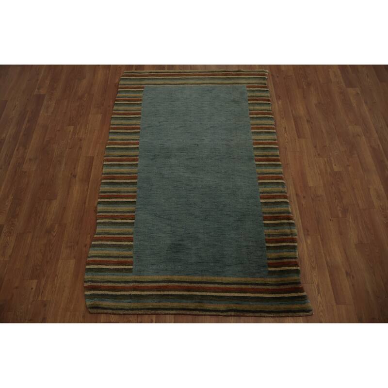 Hand Knotted Oriental 100% Wool Carpet Modern Geometric Green Gabbeh Area Rug - 5' 7'' X 3' 5''