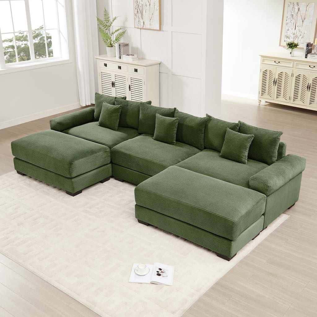 GDFStudio - Corduroy U-Shaped 3-Seater 130" Cloud Modular Sectional Couch with 2 Ottomans