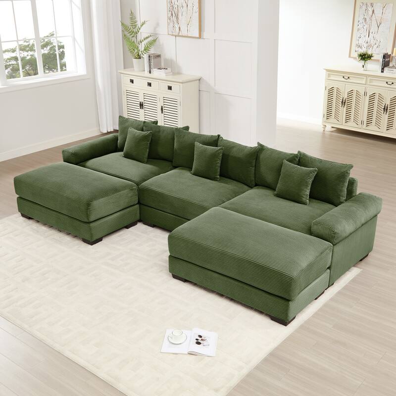 GDFStudio - Corduroy U-Shaped 3-Seater 130" Cloud Modular Sectional Couch with 2 Ottomans - Green