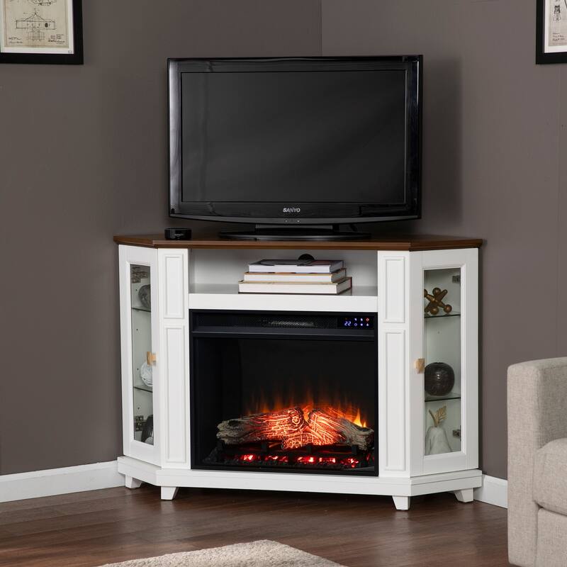 46.5 in. Freestanding Wood Smart Electric Fireplace TV Stand in White with adjustable temperature settings