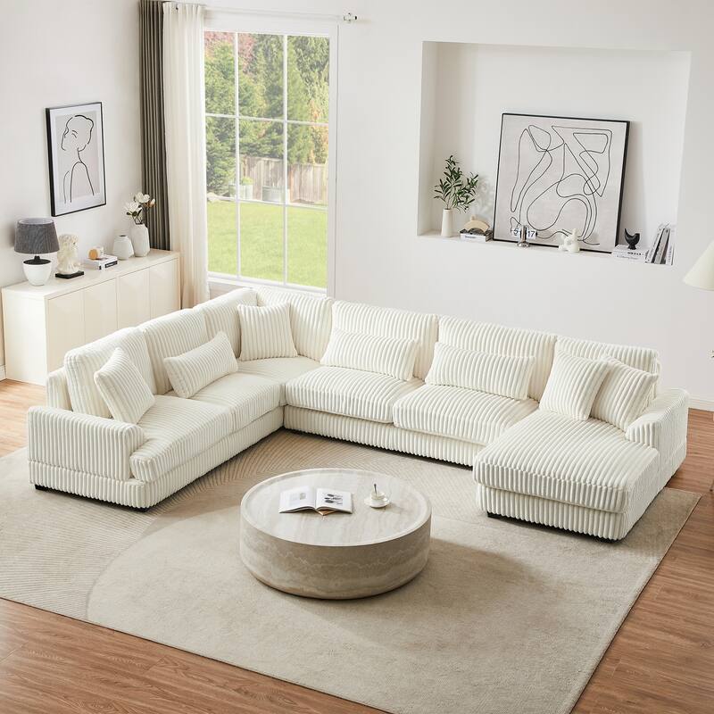 Oversized U-Shaped Sectional Sofa with Chaise, 4 Square and 3 Lumbar Pillows for Living Room - Beige