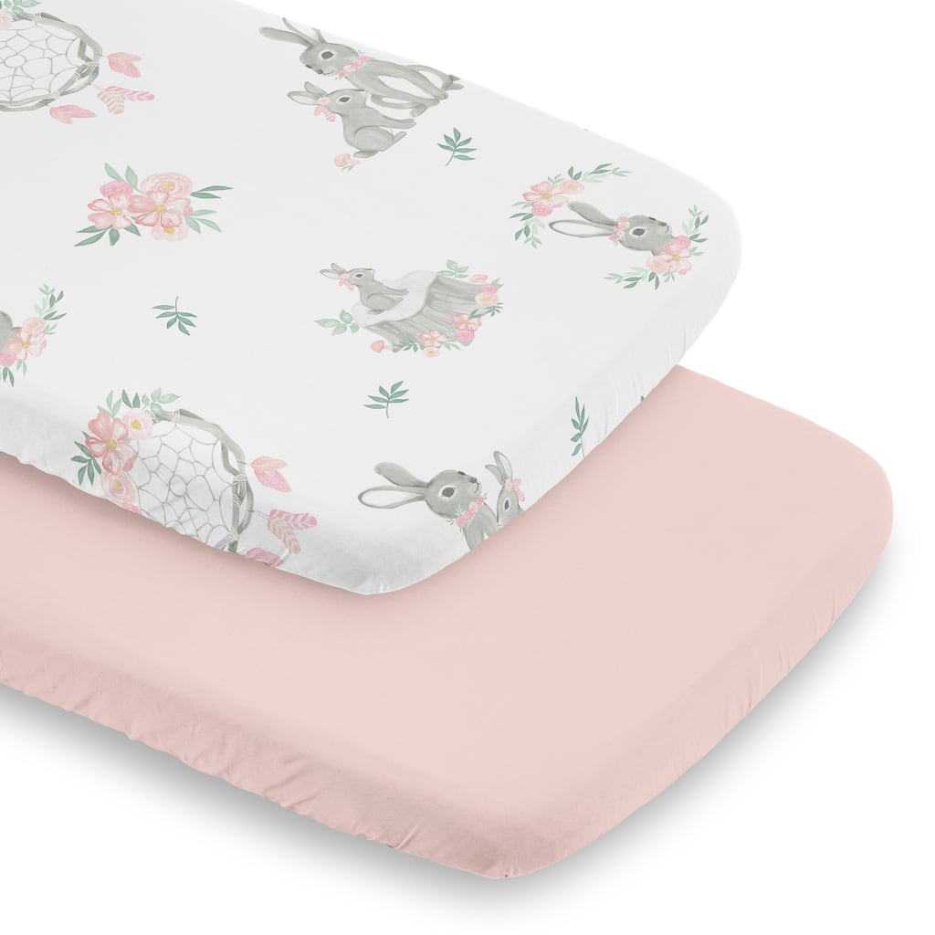 Sweet Jojo Designs Woodland Bunny Floral Girl 2 Pack Baby Bassinet Fitted Sheets - Solid Pink & Shabby Chic, Boho, Rose, Flower