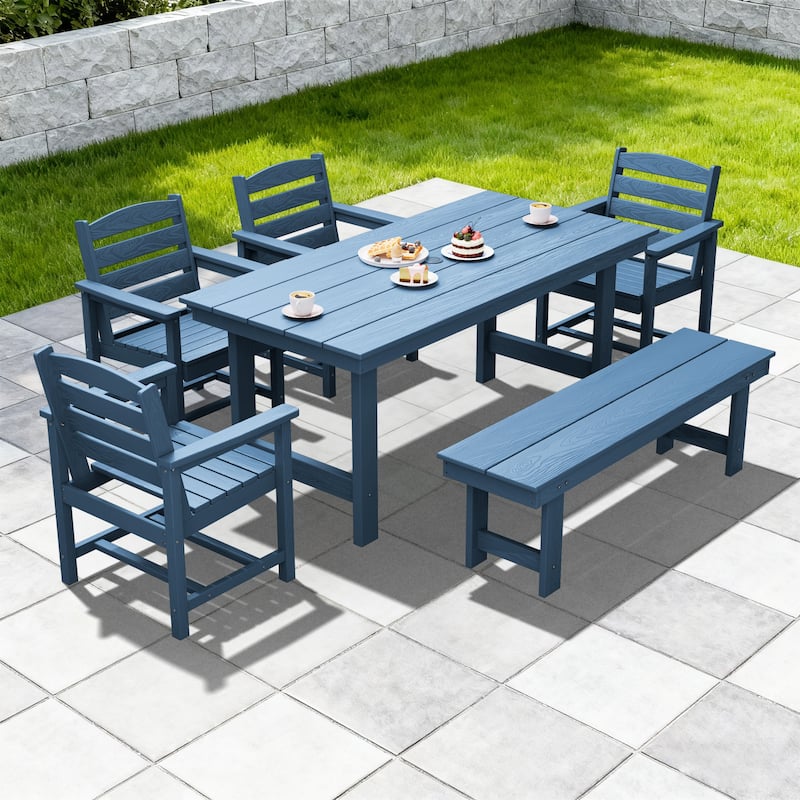 6-Piece HDPE Outdoor Dining Table Sets with Umbrella Hole - 1-Table 4-Chairs-1-Bench