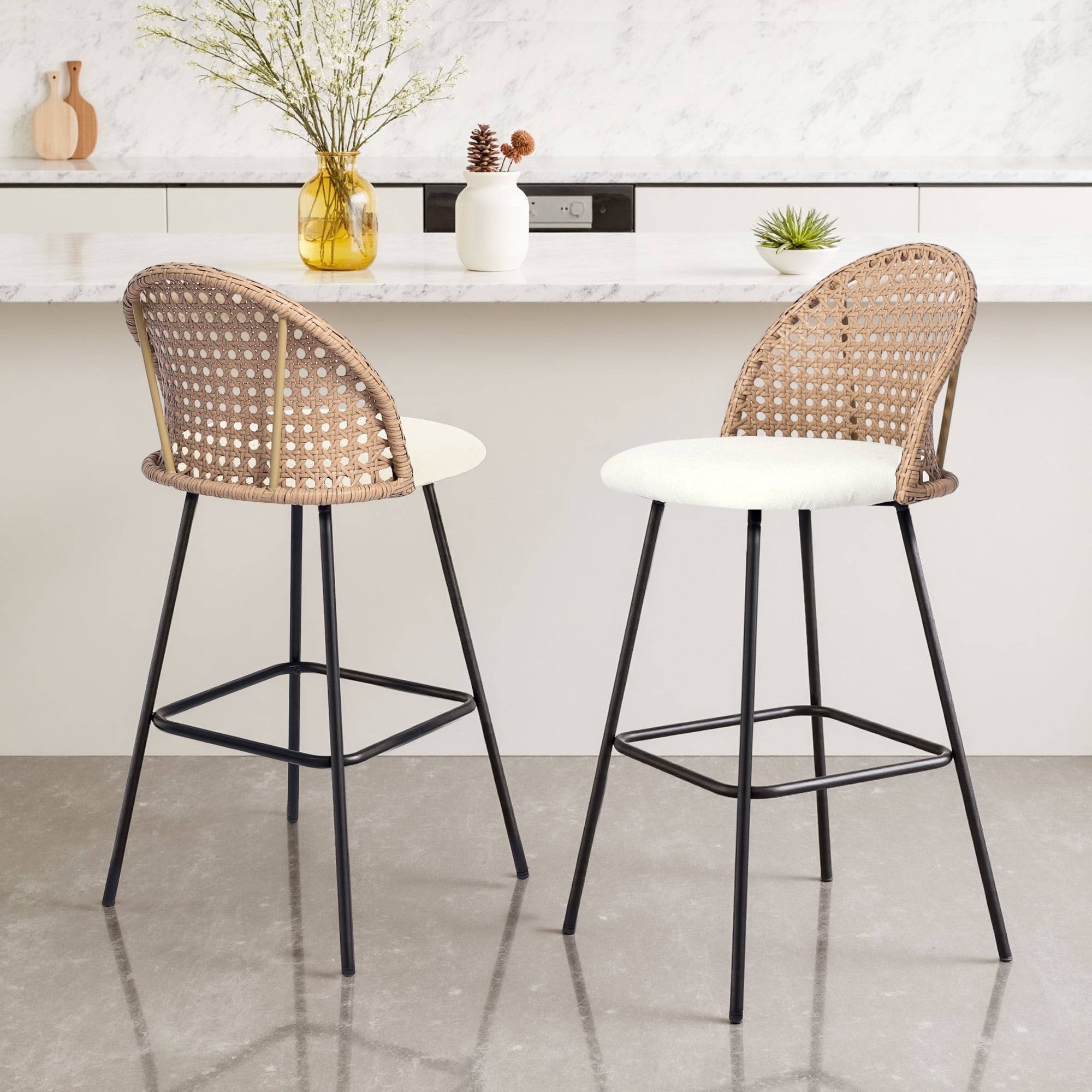 29"H Upholstered Bar Stools Counter Stools with Rattan Back Set of 2 - Set of 2