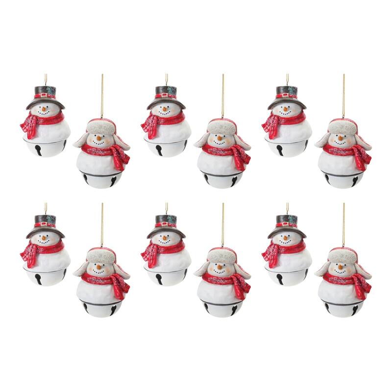 Glittered Snowman with Bell Christmas Ornaments - 4" - Set of 12