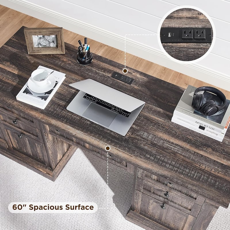 Farmhouse Computer Desk, Wood Home Office Desk with Charging Station