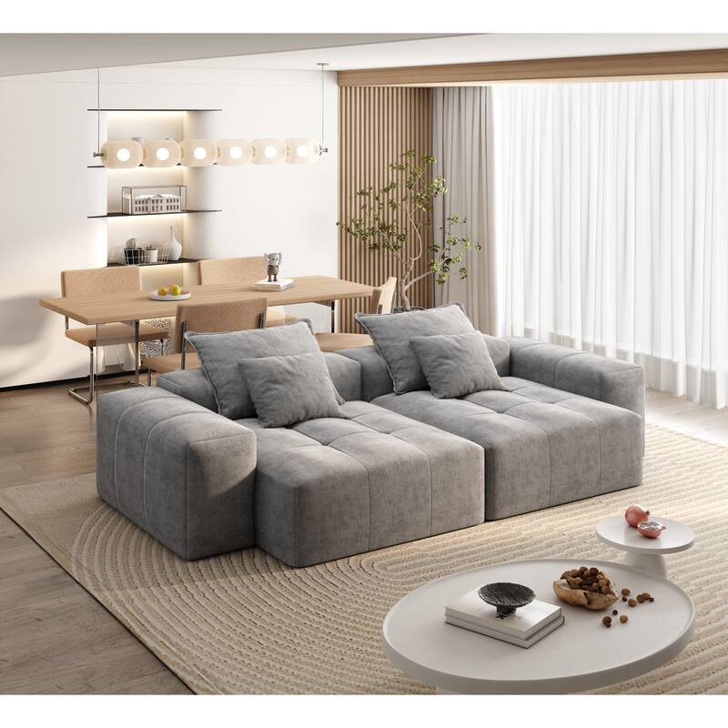 Modern Modular Chenille Sectional Sofa with 2 Chaise Lounge and 2 Armrest, 4 Pillows for Living Room