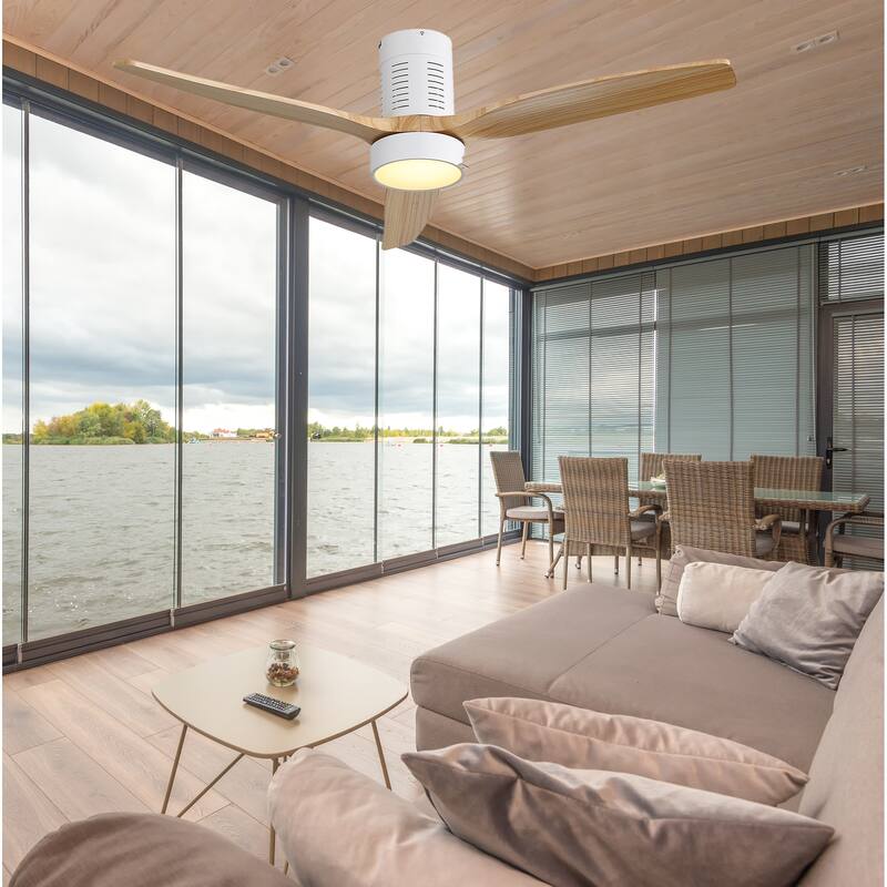 52" Flush Mount Wood Ceiling Fan with Dimmable LED Light and Remote Control