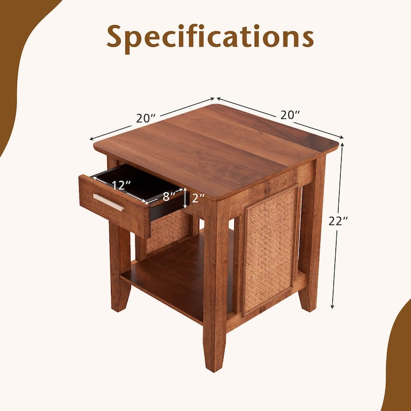 Gymax 2PCS Boho Style Nightstand 3-Tier Sofa Side End Table w/ Drawer