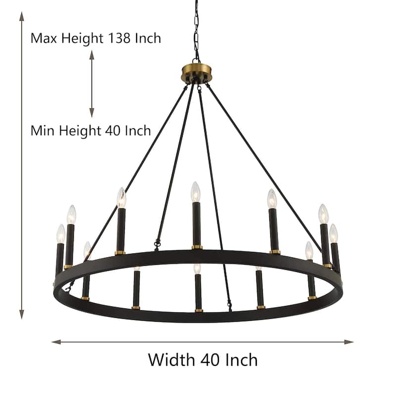 Acroma 12-light 40In Modern Farmhouse Wagon Wheel Chandelier Black/ Gold Candle Lighting - 40'' D