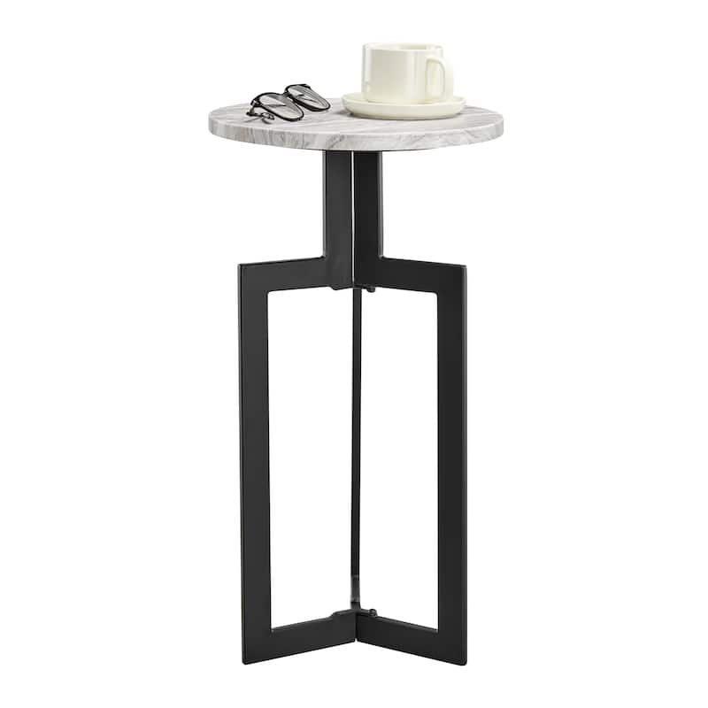 Black Metal Sculptural Pedestal & Faux Stone Tabletop Accent End Table