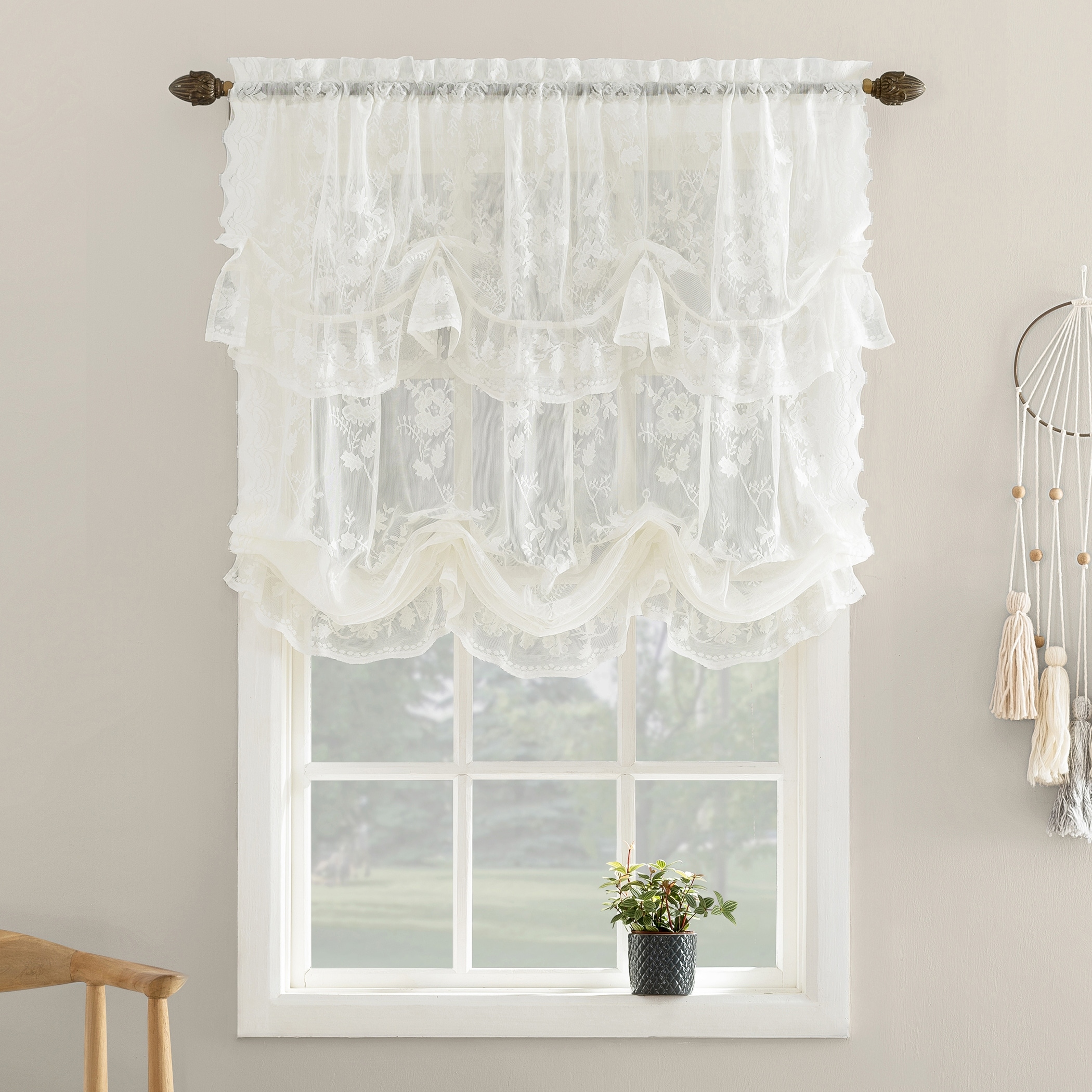 White Lace Embroidered Tie-Up Balloon Shade Curtain Sheer Voile Valance 1 Panel 