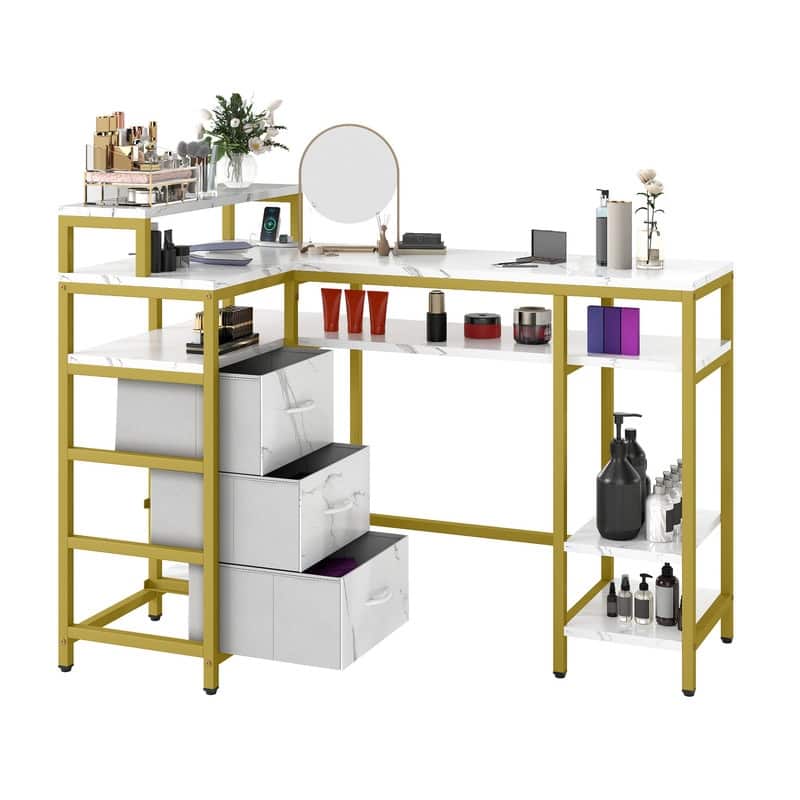 Moasis L Shape Nail Desk with Built-in Charging Station and Marbling Texture Manicure Station
