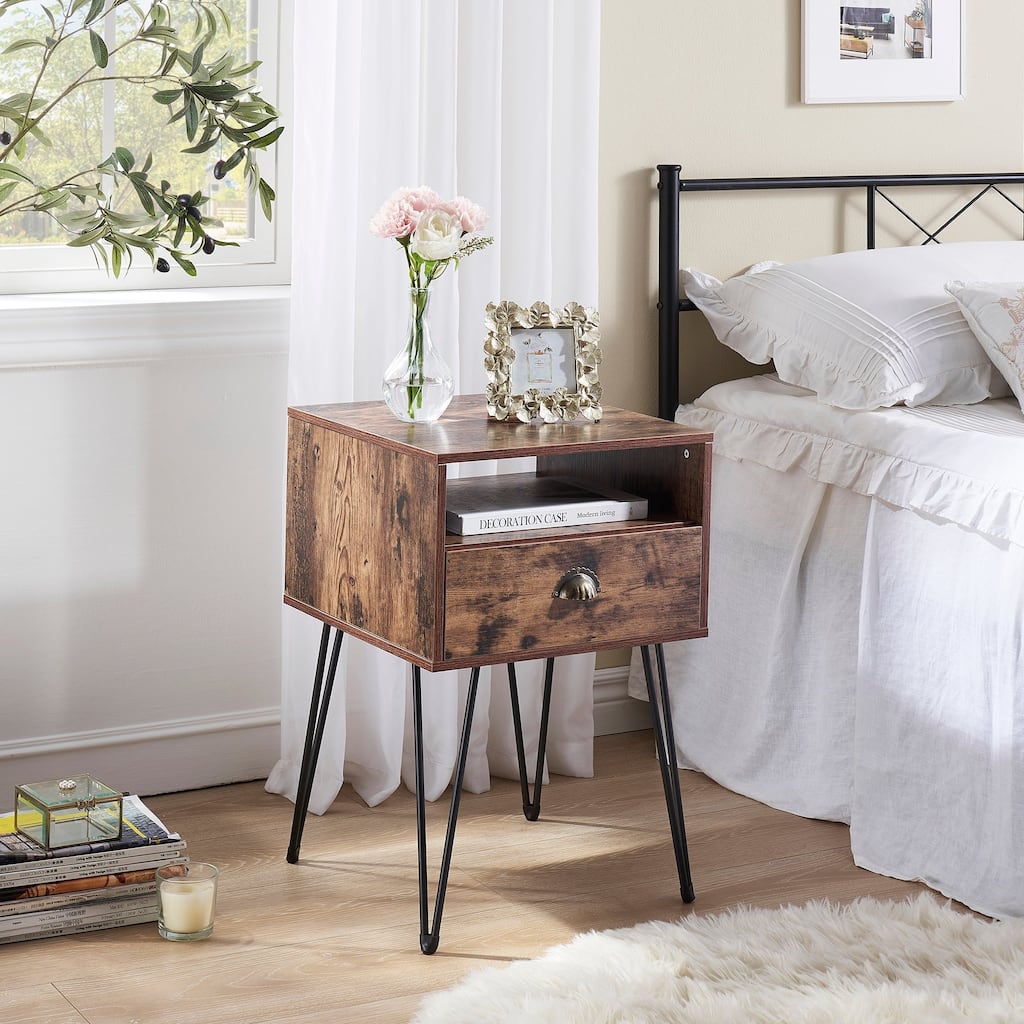 VECELO, Mid-century Modern 1-Drawer Wood Nightstand - 15.75"*15.75"*23.62"