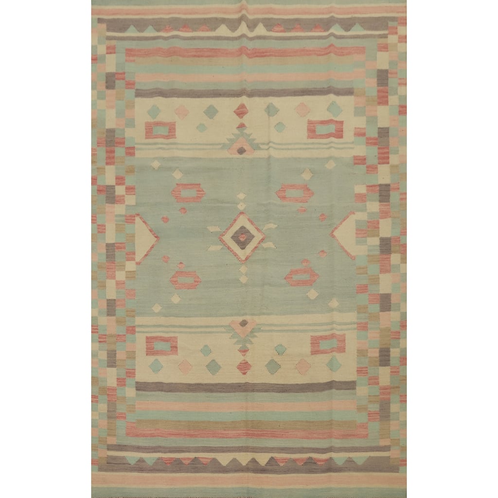 Hand Woven Oriental 100% Wool Carpet Southwestern Tribal Navy Blue & Blues Kilim Area Rug - 9' 8'' X 6' 8''