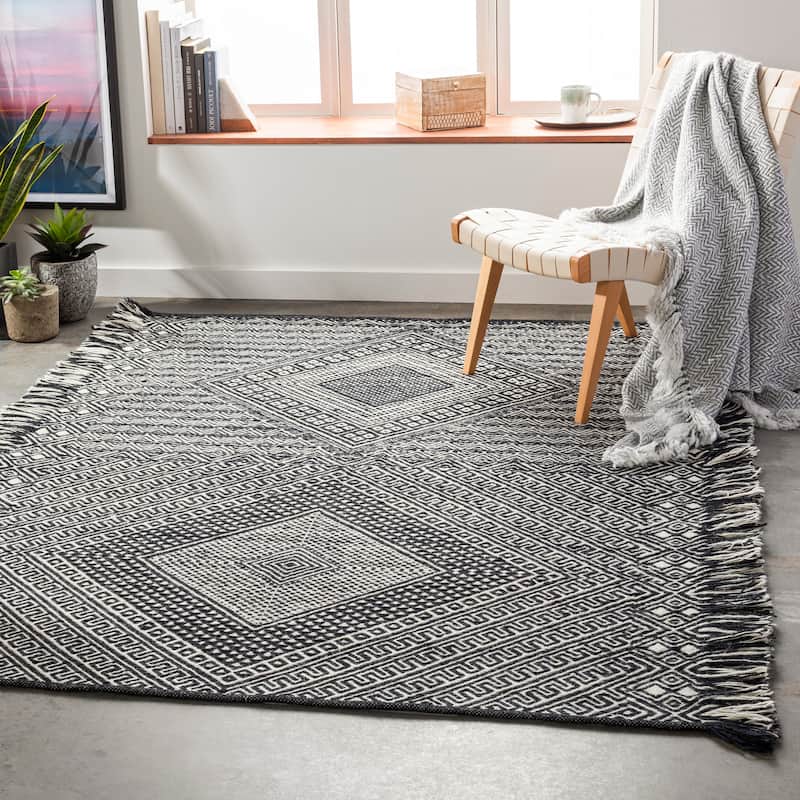 Artistic Weavers Makson Handmade Boho Fringe Cotton Area Rug - Black/Cream - 8' 10" x 12'