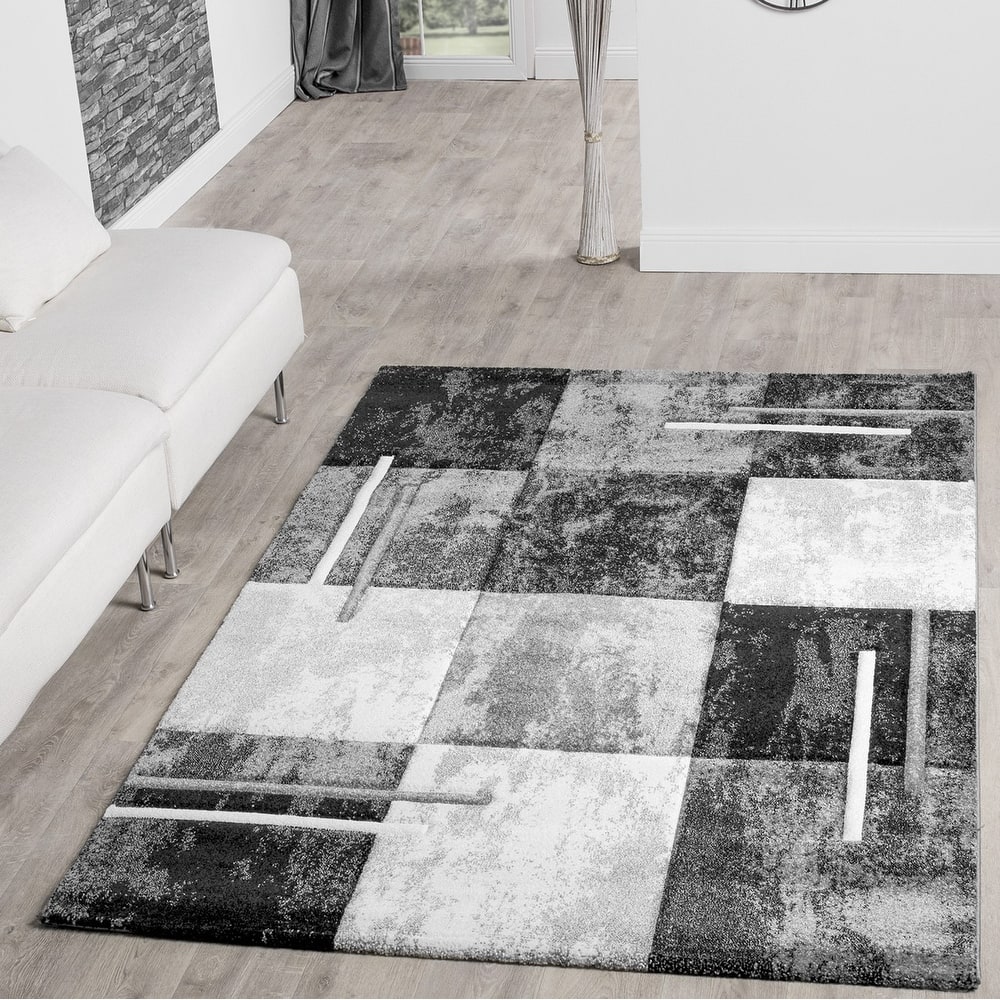 Modern Designer Area Rug Checkered with Contour Cut
