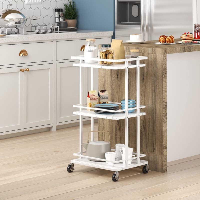 3-Tier Rolling Serving Bar Cart, Wood and Metal Kitchen Island Storage Cart with Wheels, Multifunction Utility Drink Cart