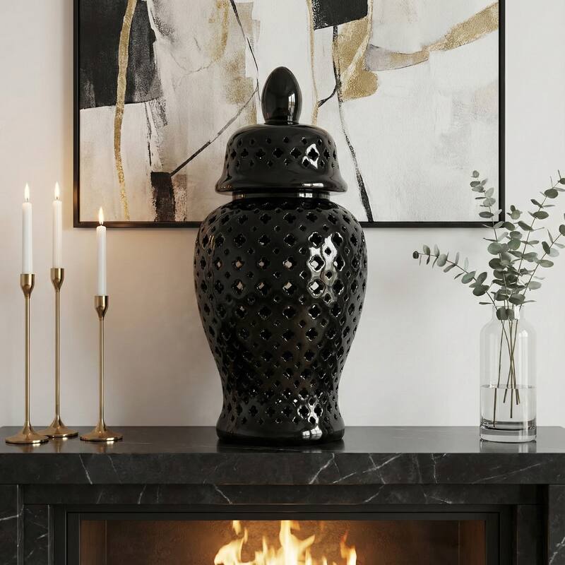 Modern Decorative Jar with Glossy Ceramic and Pierced Cutout Desig