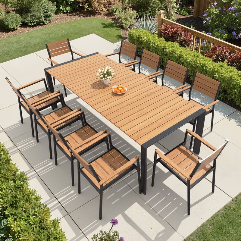 7/9/11-Piece Set Outdoor Aluminum Dining Table with Umbrella Hole and Stackable Dining Chairs - Brown - Set of 11