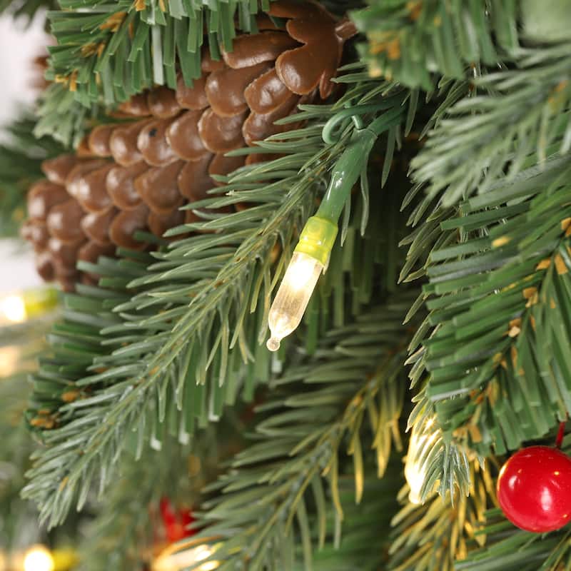 Glitzhome 4ft/6ft/7ft Pre-lit Green Artificial Christmas Porch Tree with Red Berries,Pinecones and 100 Warm White Lights