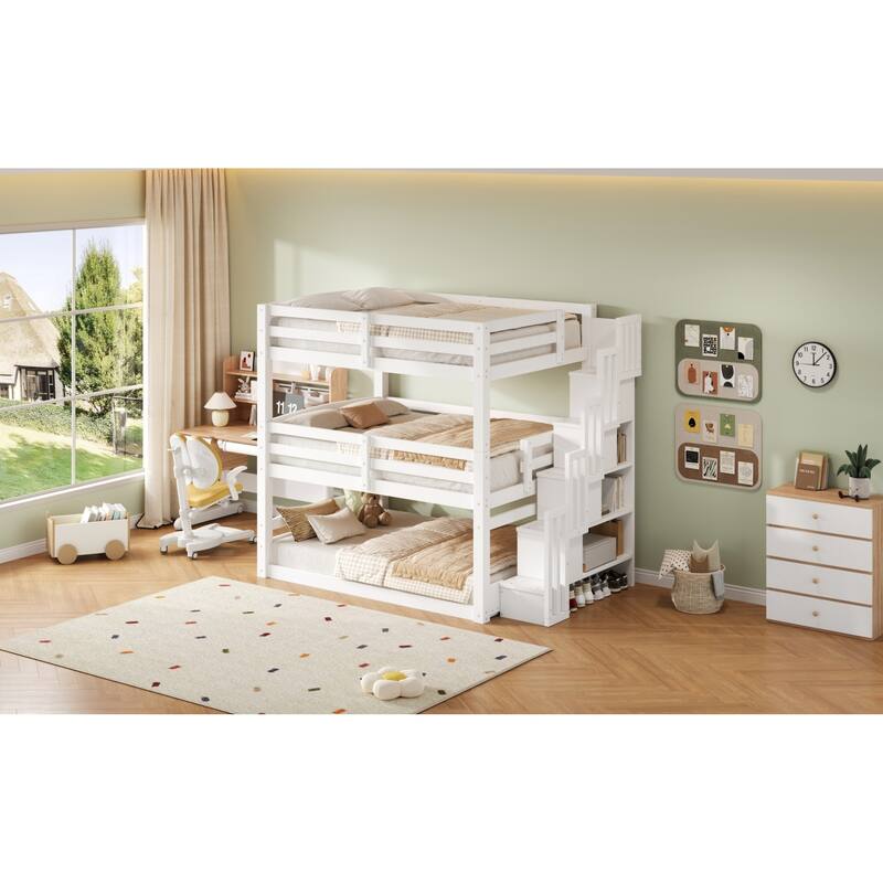 Roomfitters Full Triple Bunk Bed with Storage Staircase, Separable Design