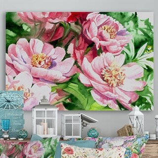 Designart "Aquarelle Pink Peony Flowers" Traditional Canvas Wall Decor ...